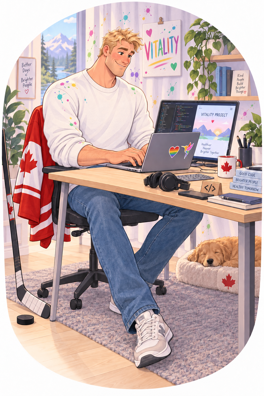 Cartoon of Iain coding the Vitality Project, with paint-speckled curtains, a Vitality canvas, and Canadian hockey details